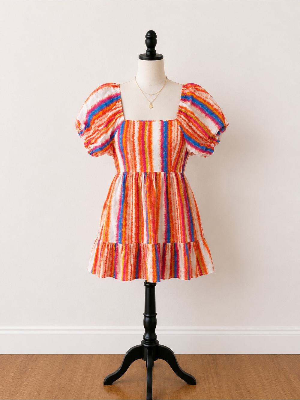 Eyelet & Ivy Rainbow Stripe Puff Sleeve Mini Dress Size Small